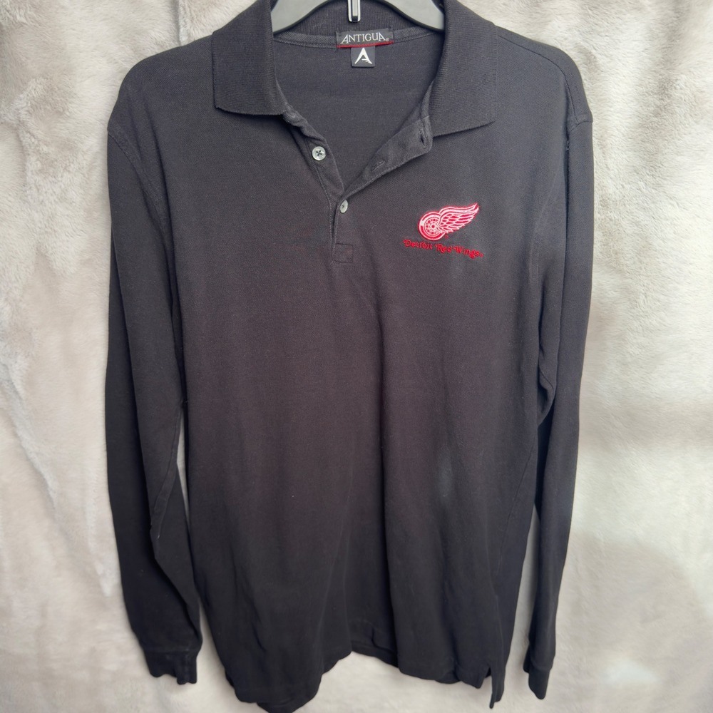 Antigua Detroit‎ Red Wings Long Sleeve Polo Shirt Black Embroidered Logo Men's S